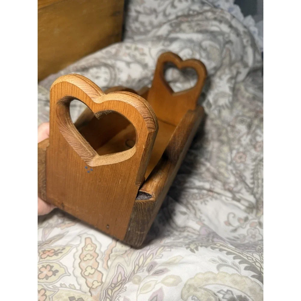 Vintage Wooden Caddy Storage Tray Hand Painted Carved Hearts Country Decor